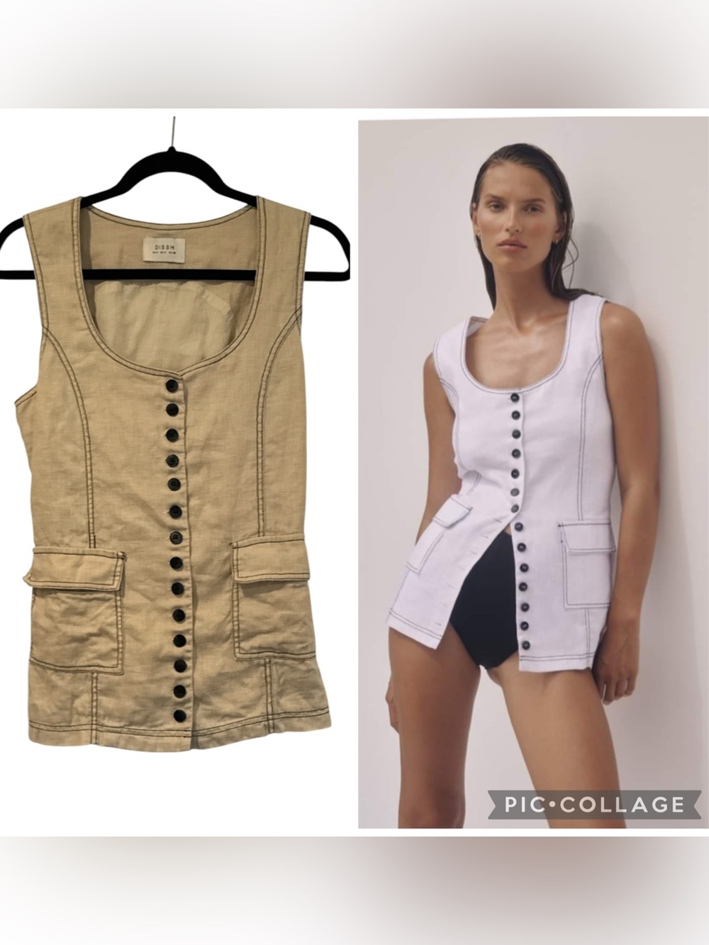 Dissh Rosie Longline Linen Utility Vest Putty Contrast Stitch Size US 4